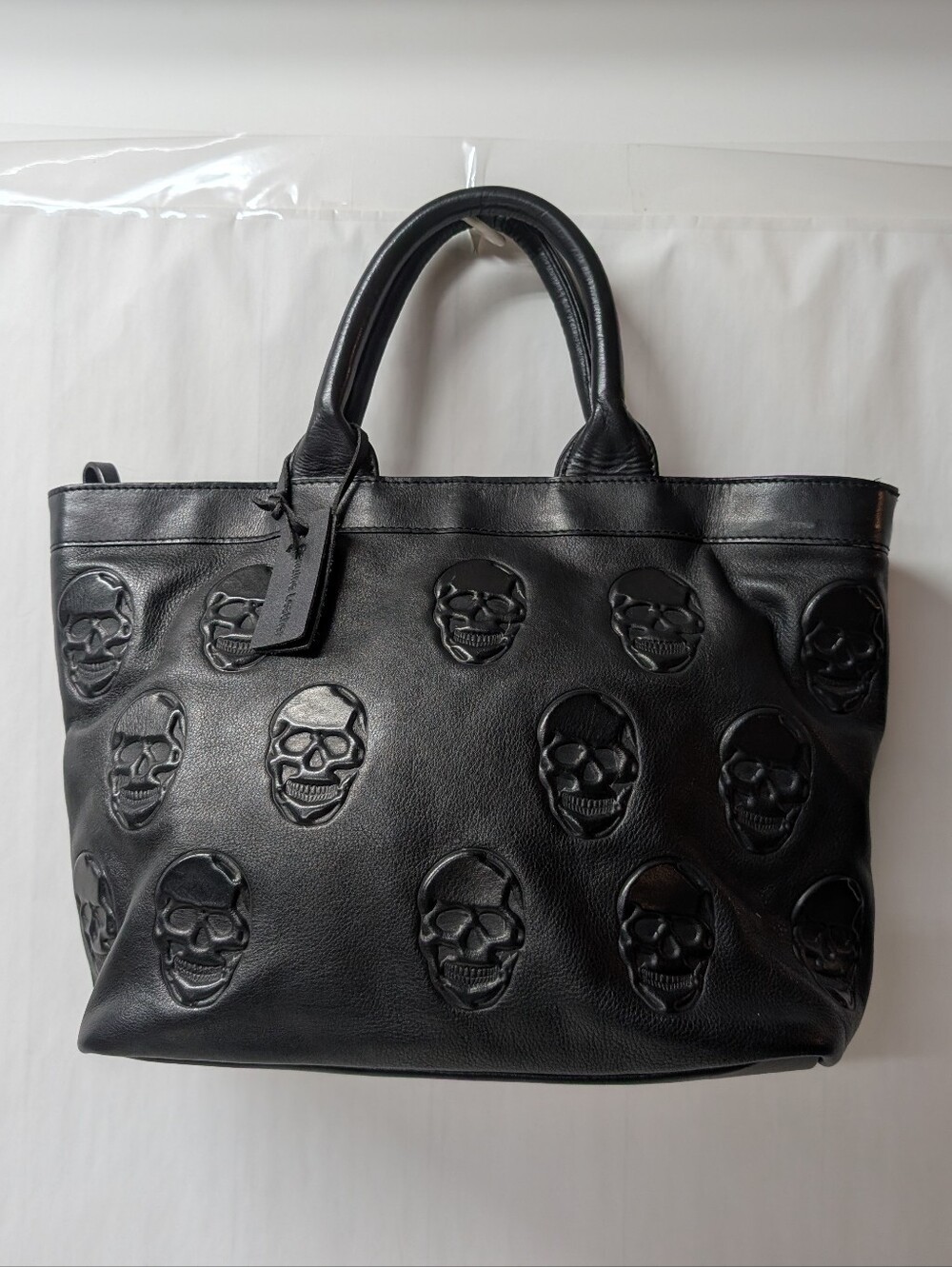 ENAZ Black Leather Embossed Skull Tote Enez Orgl